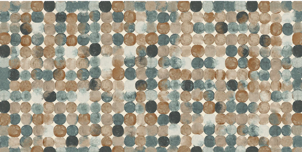 The AGIO 24" x 47" SLIM-Ovale by New York Cement Tile features overlapping blue, brown, and beige circles on white.