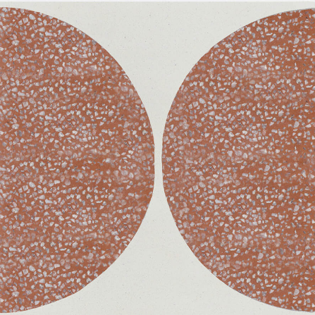 Two large, rust-red Terrazzo 8x8- TERA DREAM tiles by New York Cement Tile stand out on a light gray background.