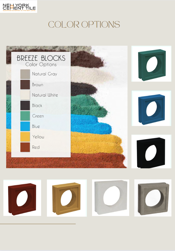 Eight breeze blocks in different colors: gray, brown, white, black, green, blue, yellow, and red, are shown as color options.