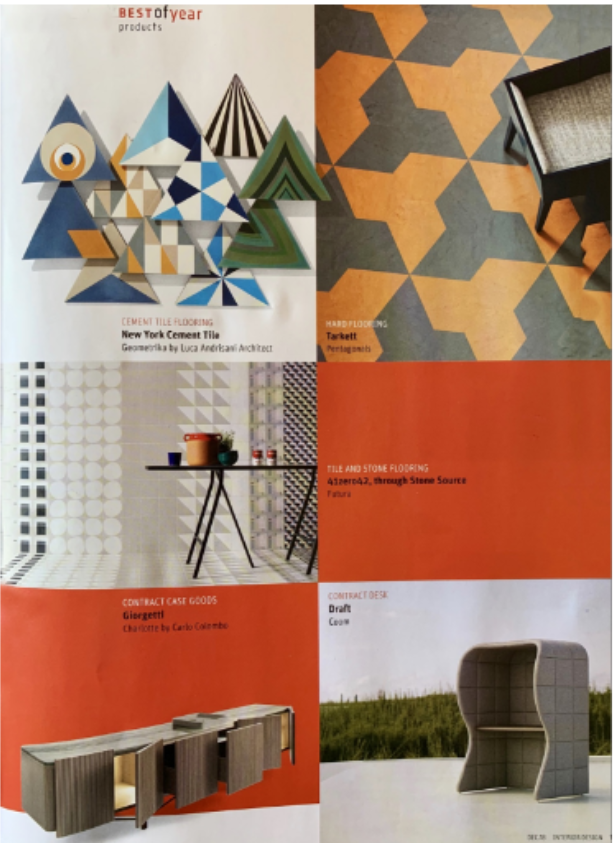 A collage of geometric tile, carpet, and furniture designs in various shapes, colors, and textures, displayed as product samples.