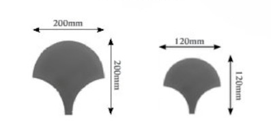 Two fan-shaped objects, one 200x200mm and one 120x120mm, each with labeled width and height dimensions.