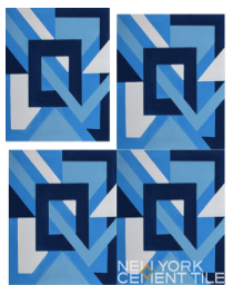 Four square tiles with abstract geometric blue and white patterns arranged in a grid; New York Cement Tile text.