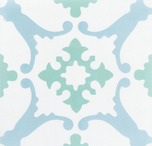 The N20-148 Nassau tile by New York Cement Tile features blue and green geometric and floral patterns on white.