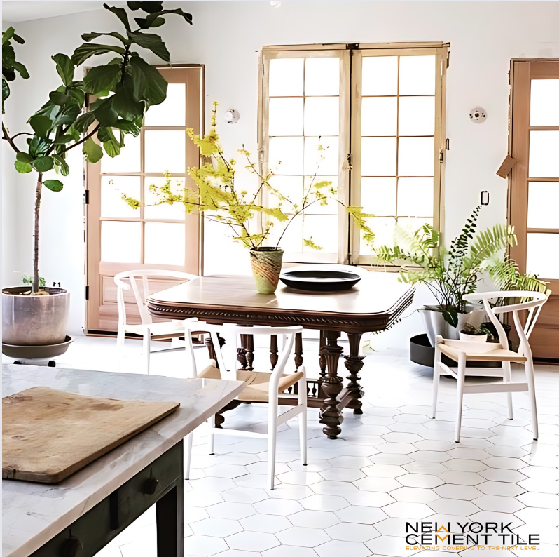 Bright dining area with wooden table, white chairs, potted plants, and large windows letting in natural light.