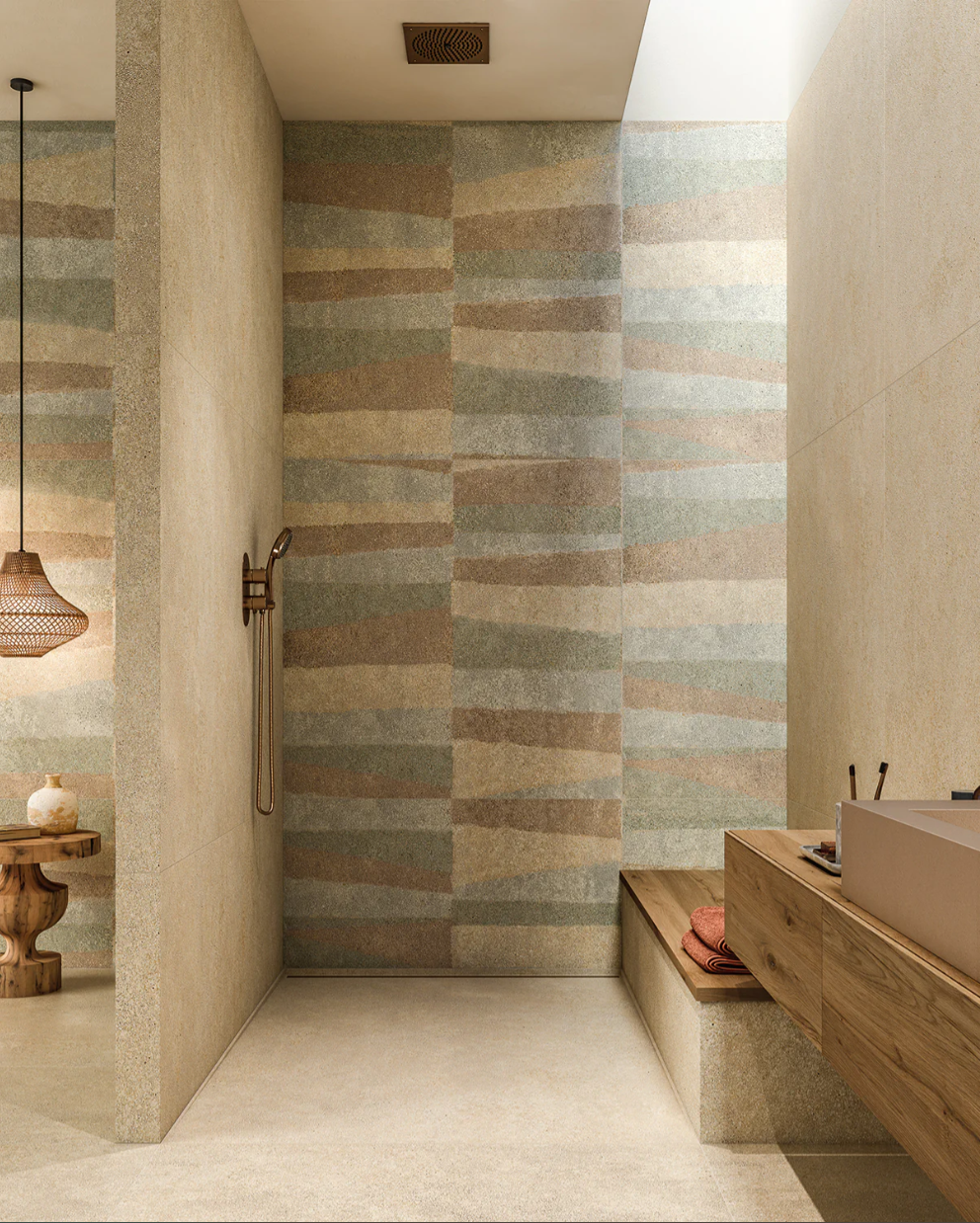 Minimalist bathroom with soft-colored striped accent wall, wood bench, and modern fixtures under soft natural lighting.