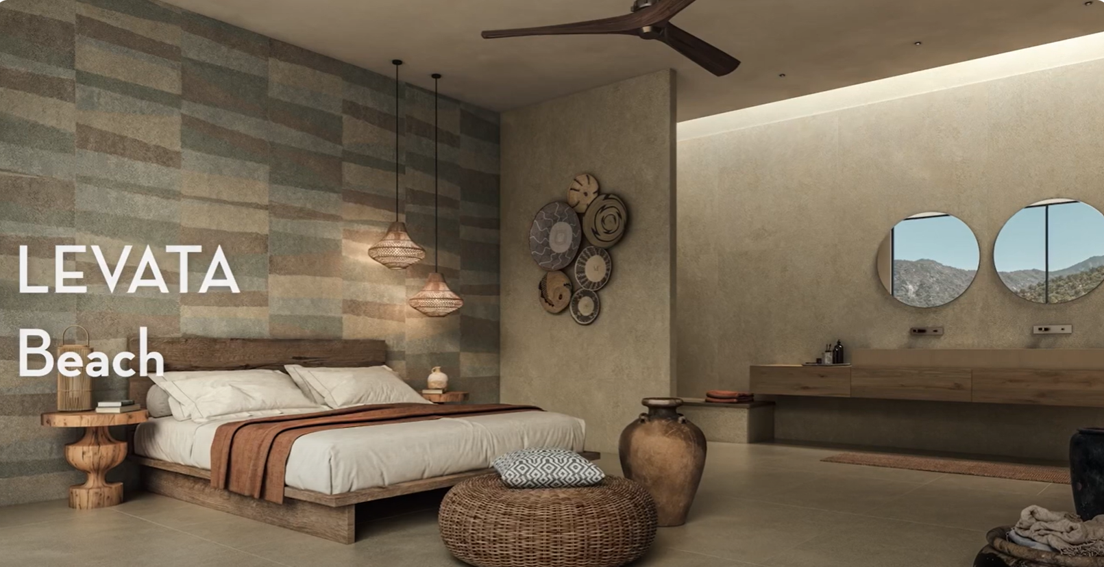 Modern beach-themed bedroom with woven decor, pendant lights, and a neutral color palette. Text reads LEVATA Beach.