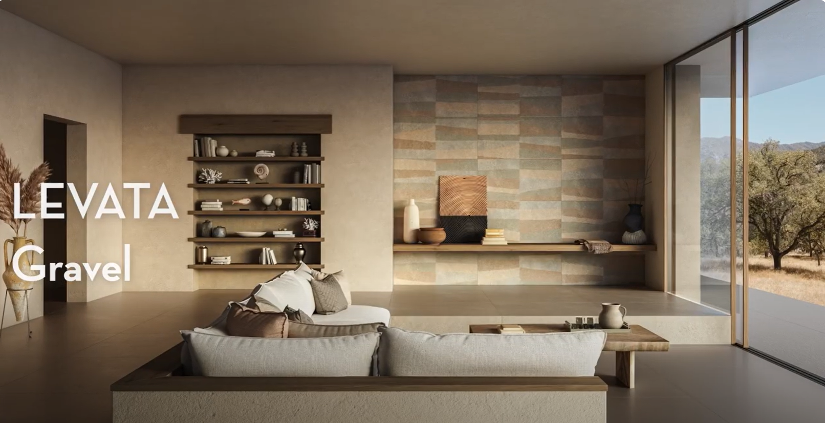 Modern living room with a neutral sofa, wooden shelves, and large window showing a tree and landscape. Text reads LEVATA Gravel.