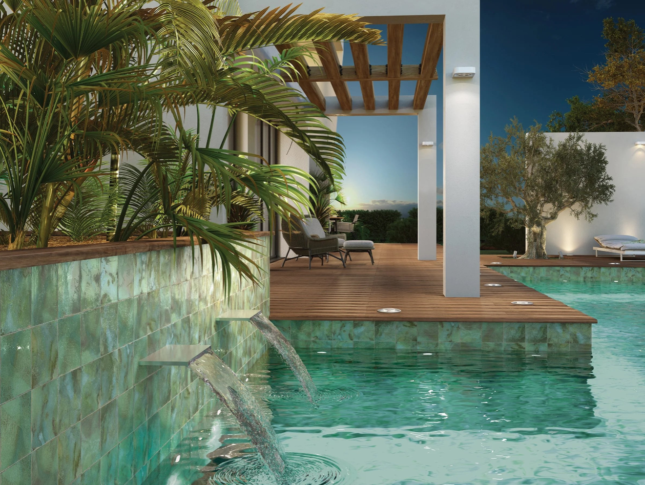 Modern pool with water features, palm plants, wooden deck, and lounge chairs at sunset, creating a relaxing outdoor space.