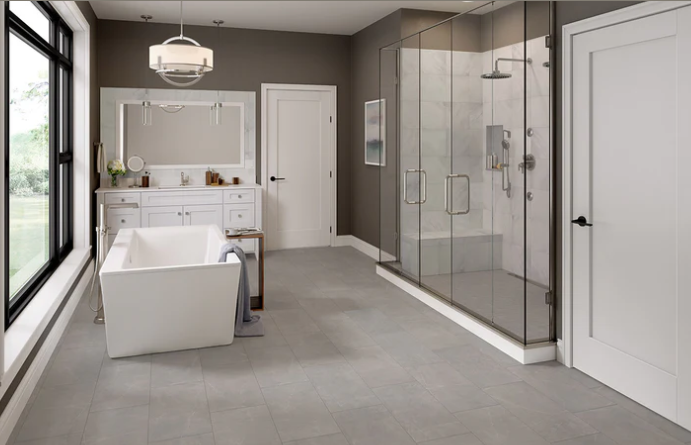 Modern bathroom with a freestanding tub, large glass shower, double vanity, and large window with natural light.