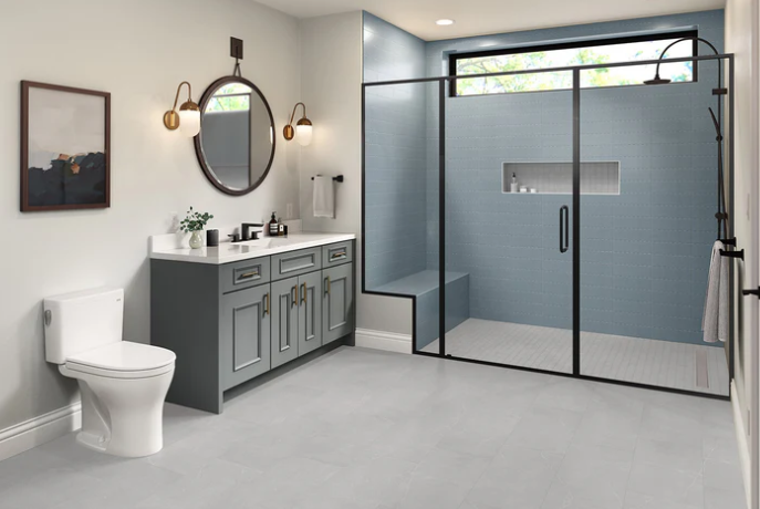 Modern bathroom with a double-sink vanity, round mirror, toilet, and a large glass-enclosed shower with a bench.