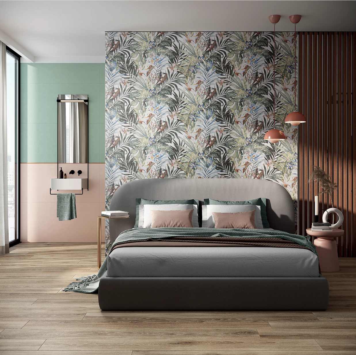 Modern bedroom with floral accent wall, grey bed, pastel pink and green decor, wooden floor, and large window.