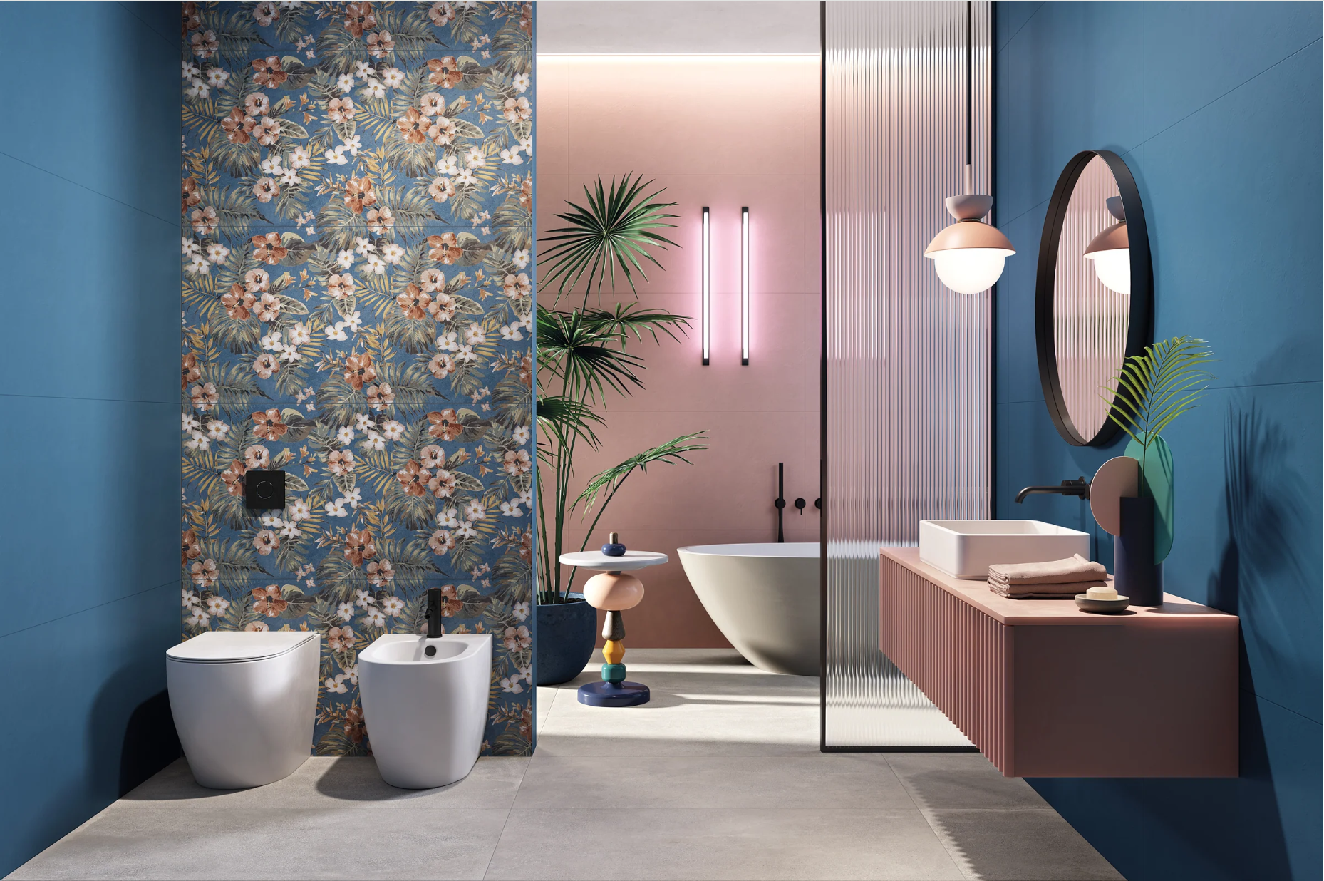 Modern bathroom with blue walls, floral accent, freestanding tub, pink vanity, round mirror, and lush indoor plants.