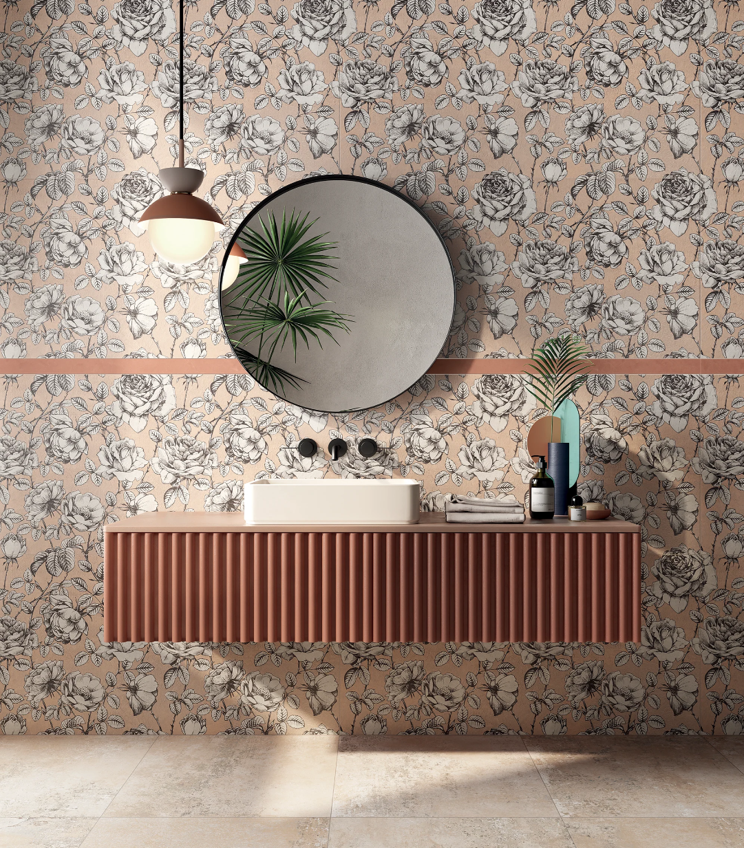 Modern bathroom with floral wallpaper, round mirror, hanging light, and ribbed brown vanity with decor and a potted plant.