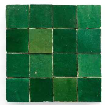 Sixteen Forest Green tiles by New York Cement Tile, each handcrafted with a unique green shade and arranged in a grid.