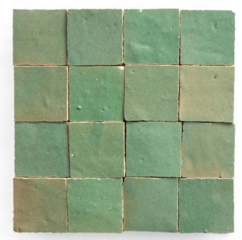 Sixteen Leafy Green Zellige tiles by New York Cement Tile in a 4x4 grid, featuring subtle color variations and seams.