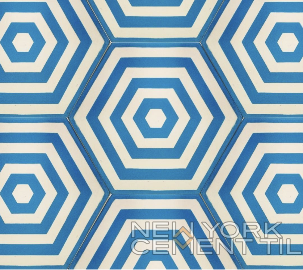 Blue and white hexagonal geometric tile pattern with concentric hexagons; NEW YORK CEMENT TIL text overlay.