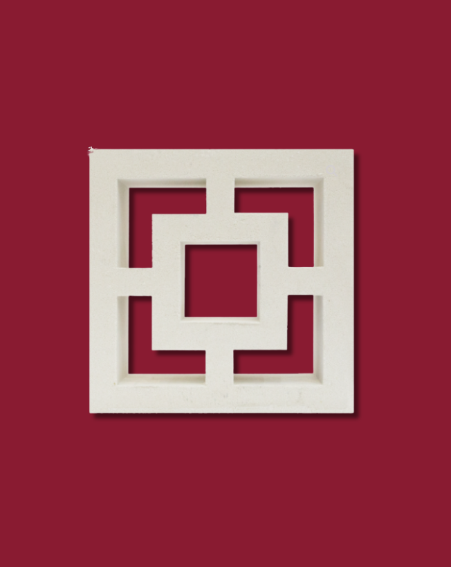 Tong by New York Cement Tile: white geometric square with central cut-out, mid-century breeze block on maroon background.