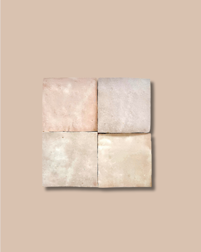 Four Blushed Glazed tiles by New York Cement Tile in a 2x2 grid on a beige background.