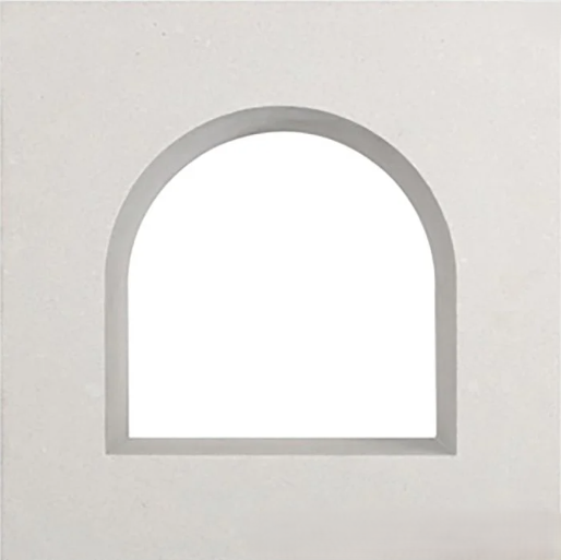 A plain white wall features the Baff NY arched cutout by New York Cement Tile, echoing mid-century modern style.