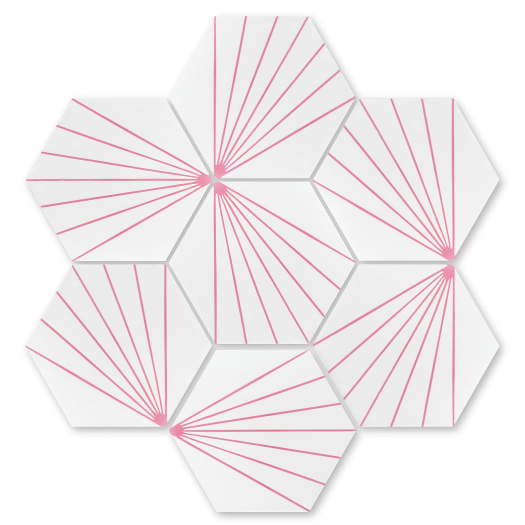 Six NH23-036 - 5512 tiles by New York Cement Tile feature white hexagons with pink lines in a striking geometric pattern.