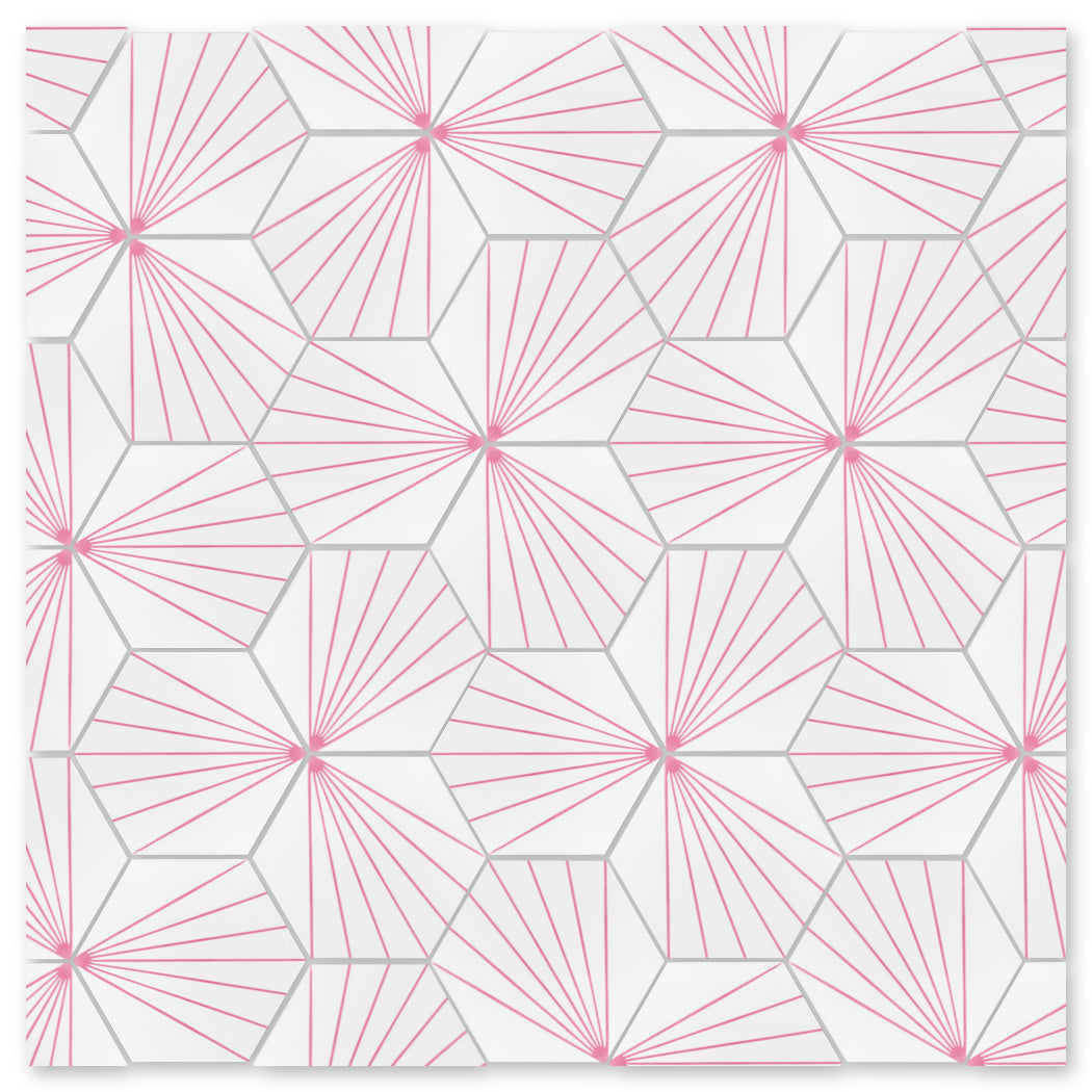 NH23-036 - 5512 by New York Cement Tile features pink starbursts in pentagons, inspired by handcrafted tile patterns.