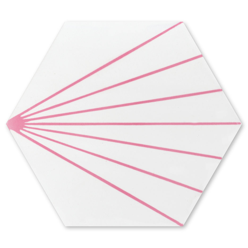 The NH23-036 - 5512 Extra Sample by New York Cement Tile is a white hexagon tile with pink lines radiating from one corner.