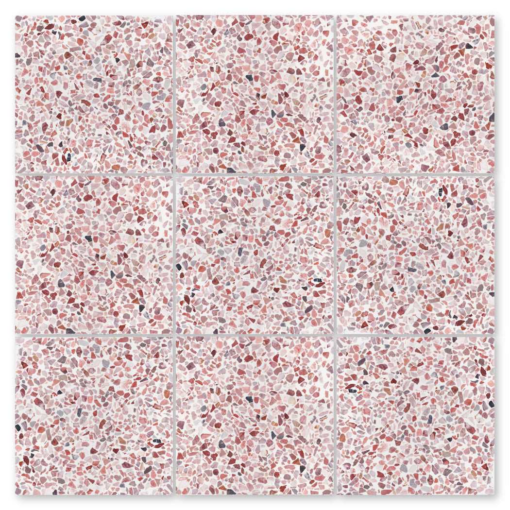 Nine Terrazzo 12X12 -NT30-Cheeky tiles by New York Cement Tile feature pink, red, white & gray chips on light.