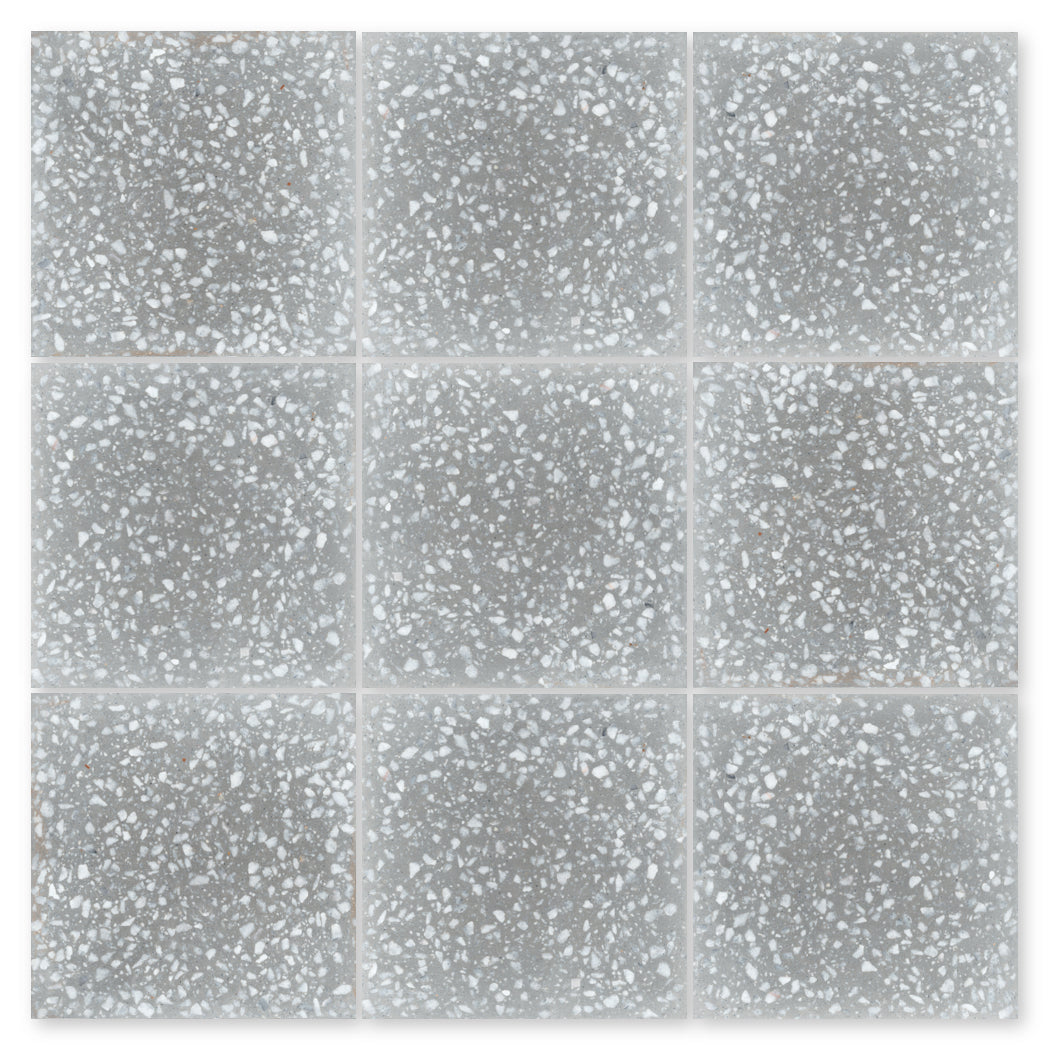 Nine New York Cement Tile Terrazzo 12X12 -NT30-Urbanite gray mosaic samples in a speckled 3x3 grid pattern.