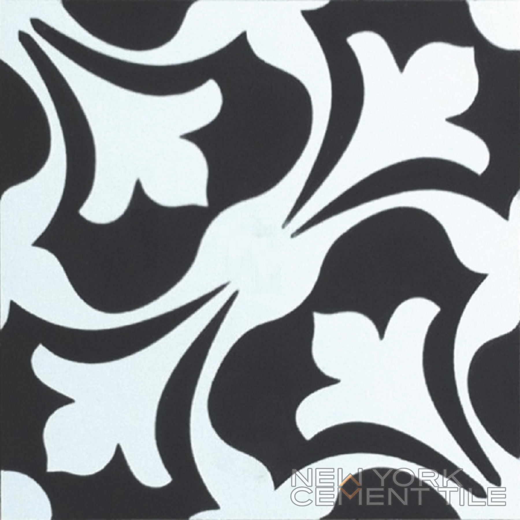 N20-007 sample: Black-and-white tile with bold abstract floral pattern by New York Cement Tile, handcrafted quality.