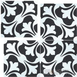 Set of four N20-007 tiles by New York Cement Tile with a floral, symmetrical pattern forming a continuous design.