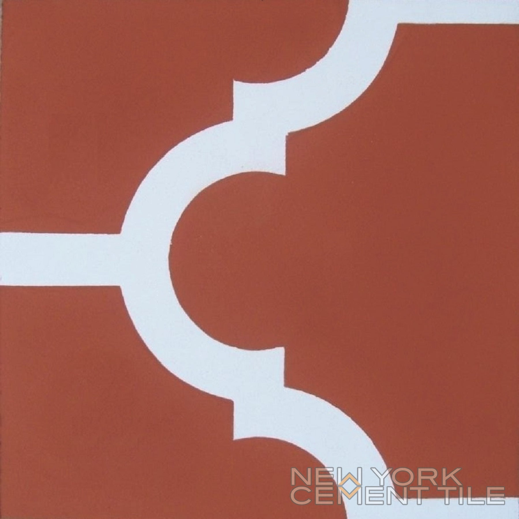 N20-014, Sample: Red tile with white geometric pattern. New York Cement Tile branding. Handcrafted cement tile.
