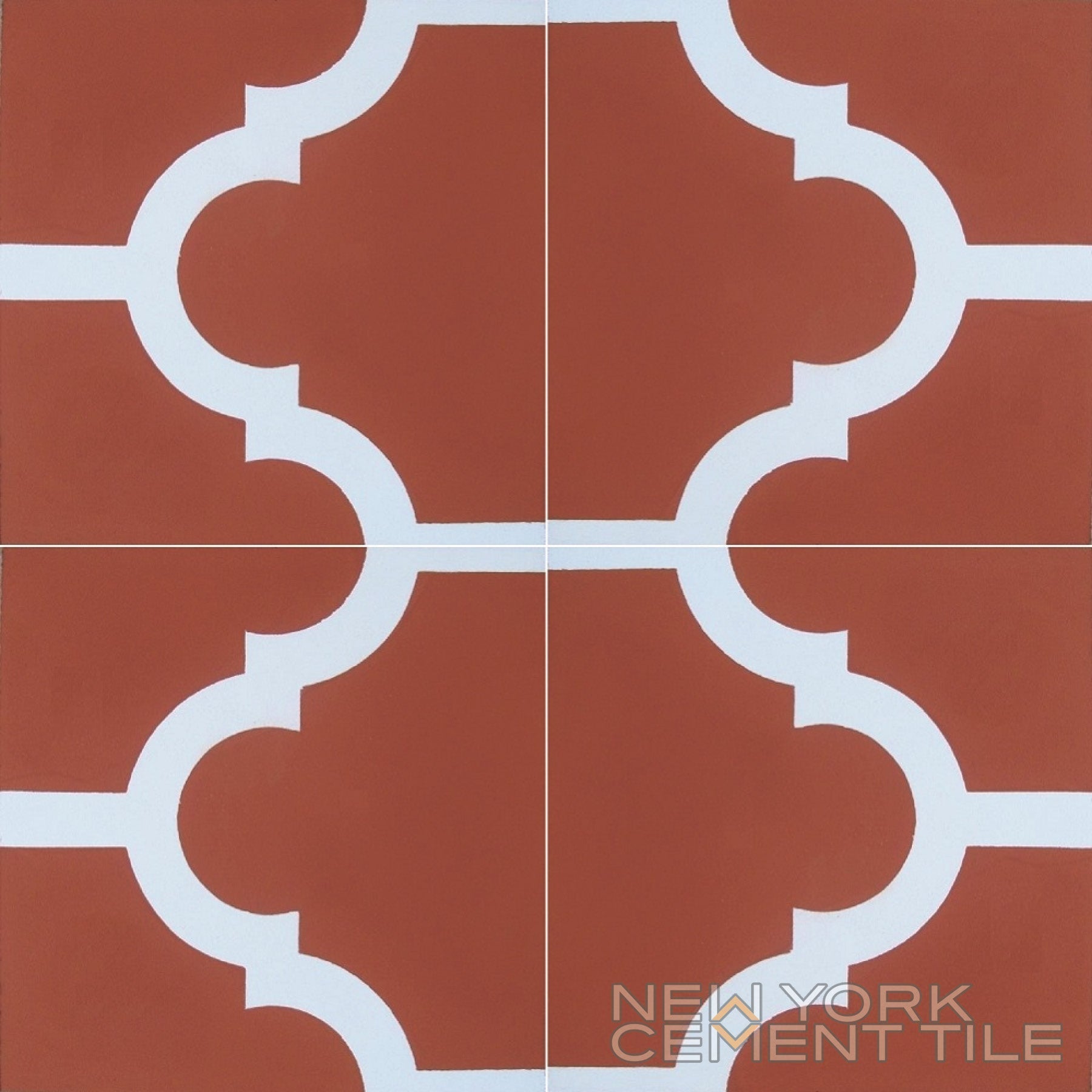 Four handcrafted N20-014 Extra Sample tiles by New York Cement Tile show white curved, geometric lines in a symmetrical pattern.