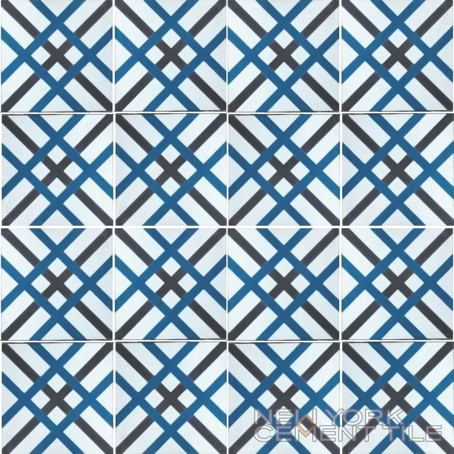 The N20-024 Extra Sample by New York Cement Tile features intersecting blue, black, and white lines in a geometric grid.