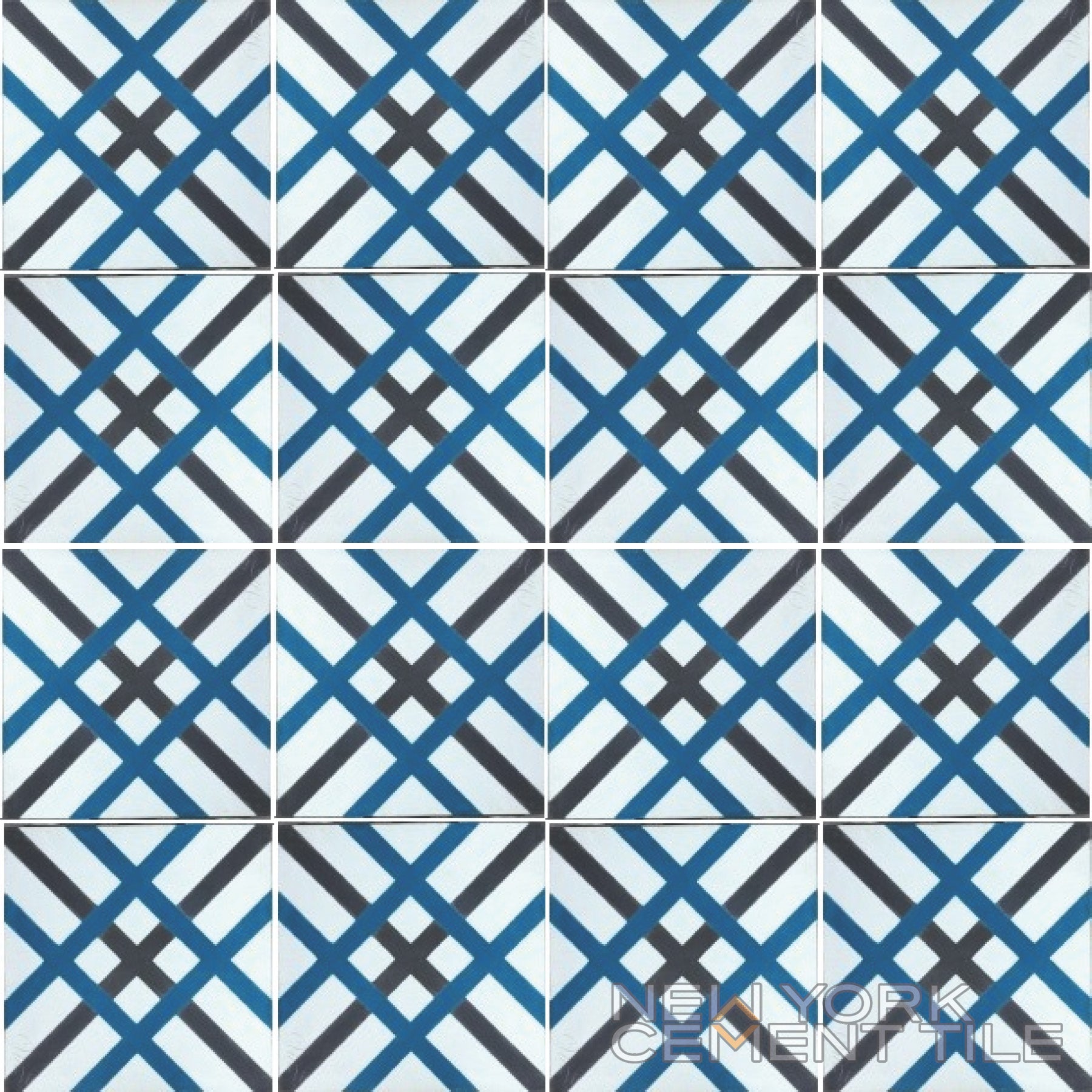 The N20-024 Extra Sample by New York Cement Tile features intersecting blue, black, and white lines in a geometric grid.