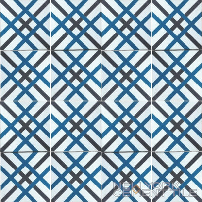The N20-024 Extra Sample by New York Cement Tile features intersecting blue, black, and white lines in a geometric grid.