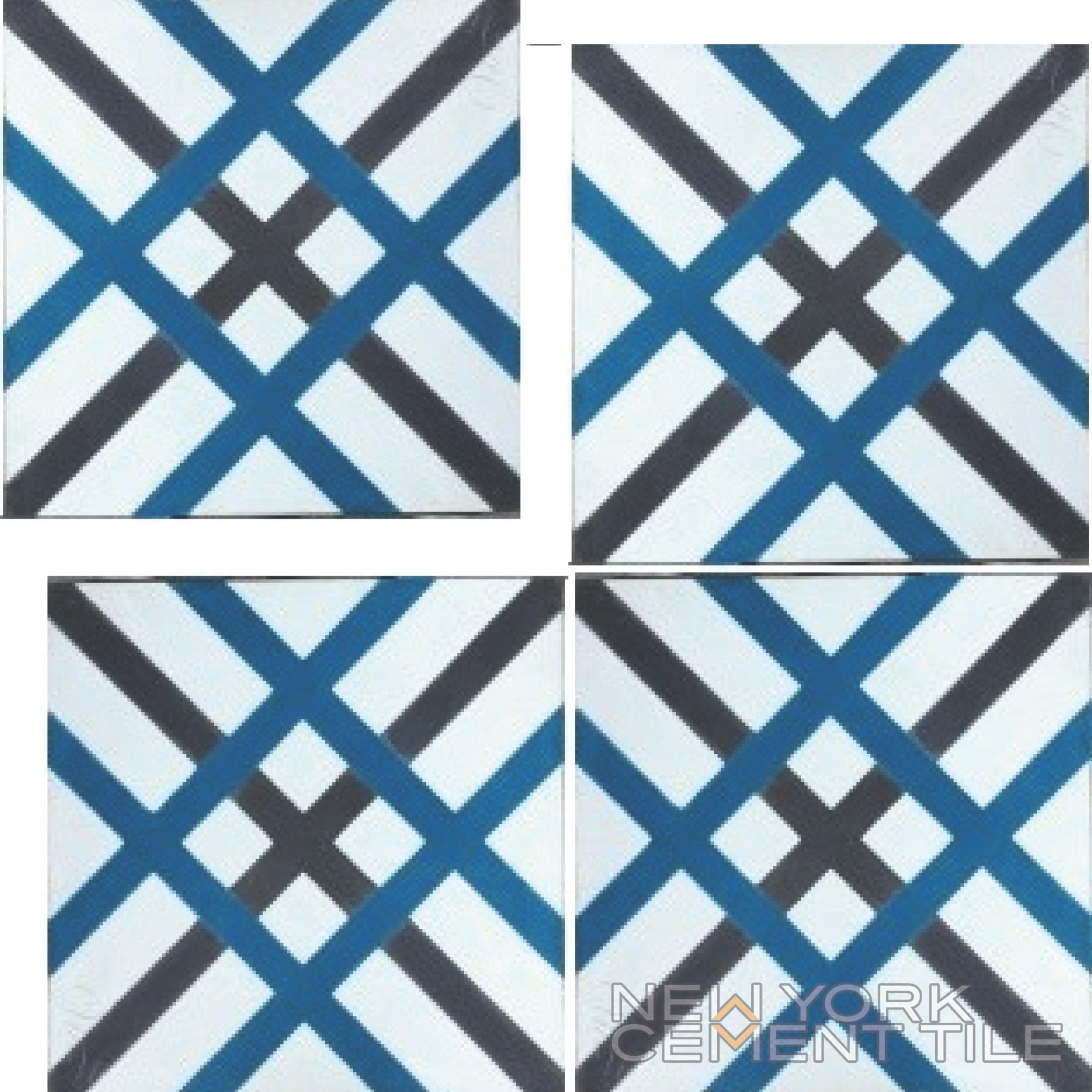 N20-024 Extra Sample by New York Cement Tile: four handcrafted tiles with bold blue, black & gray intersecting lines.