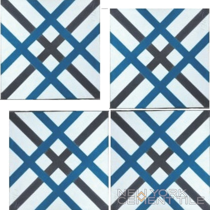 N20-024 Extra Sample by New York Cement Tile: four handcrafted tiles with bold blue, black & gray intersecting lines.
