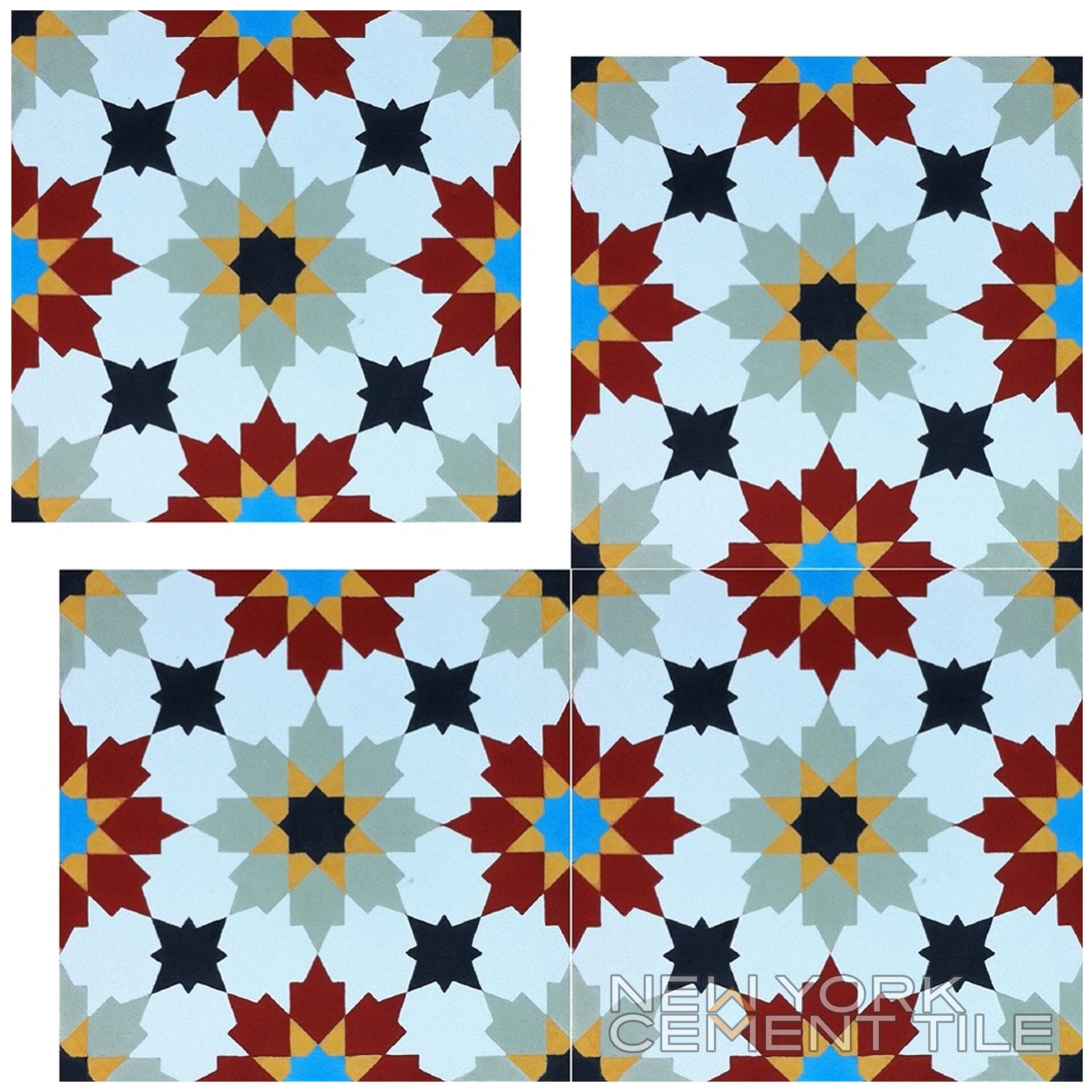 The N20-028 Extra Sample by New York Cement Tile features four colorful geometric tiles in red, black, blue, and gray.