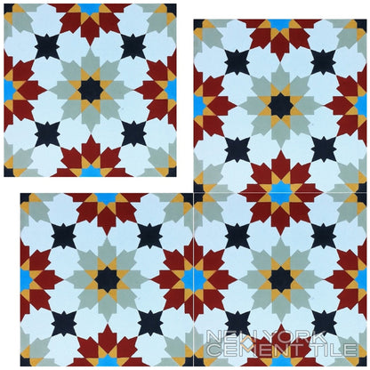The N20-028 Extra Sample by New York Cement Tile features four colorful geometric tiles in red, black, blue, and gray.