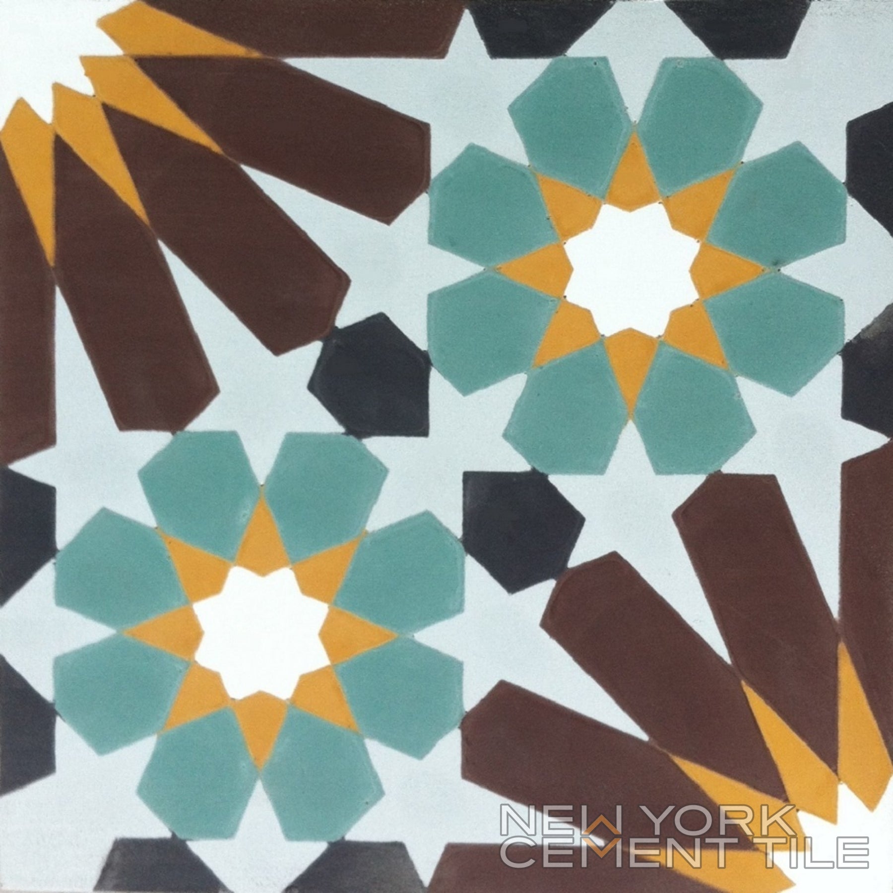N20-029 by New York Cement Tile: geometric floral cement tile in teal, brown, orange & white for durable flooring.