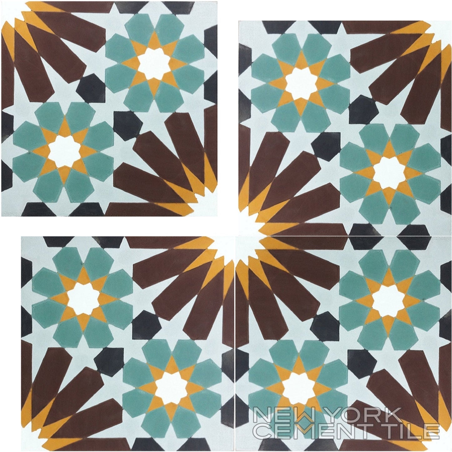 N20-029 Extra Sample by New York Cement Tile features geometric, star, and diamond patterns in brown, teal, orange, and white.