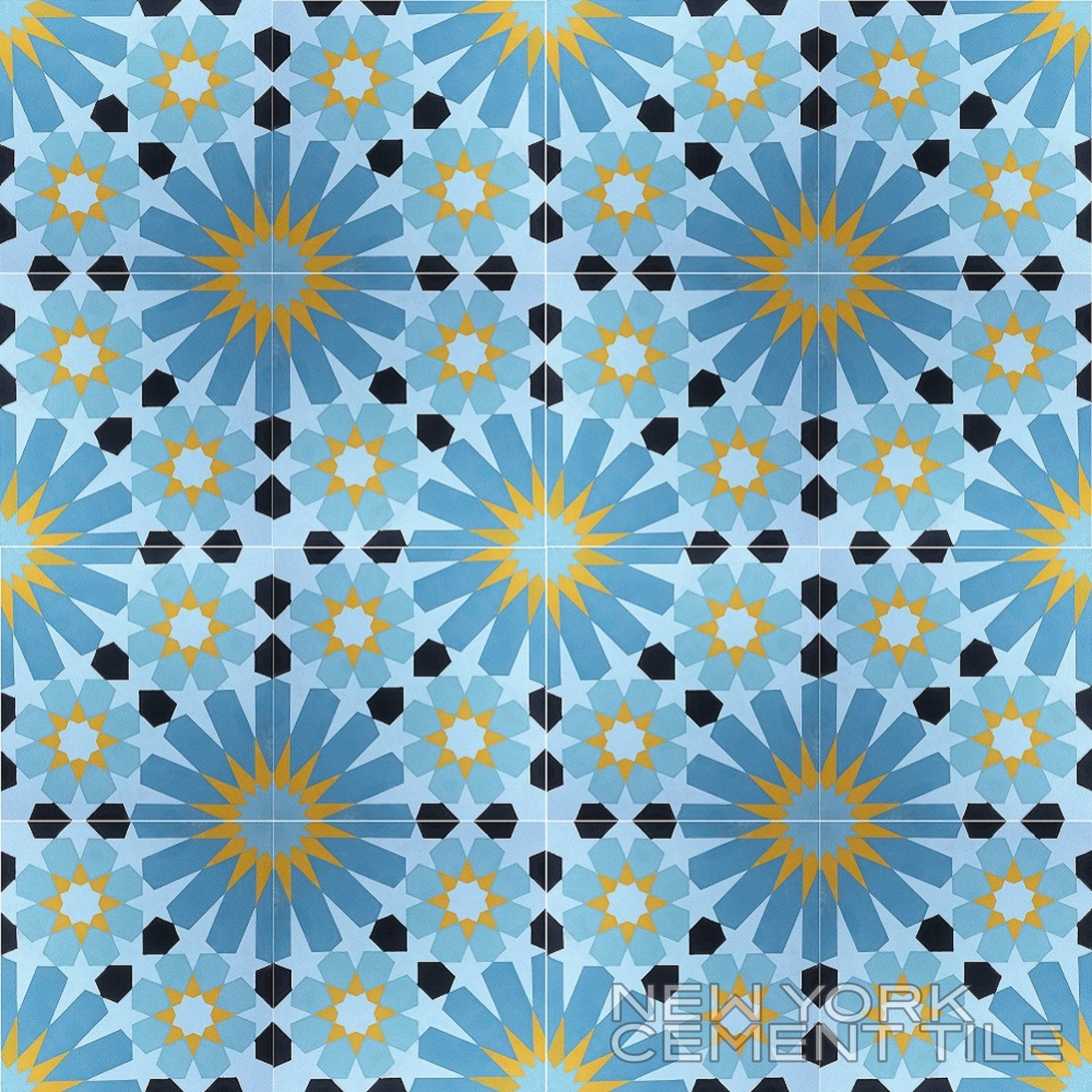 Geometric star tile pattern in blue, yellow, black & white; "N20-029 Sample" by New York Cement Tile in bottom right.
