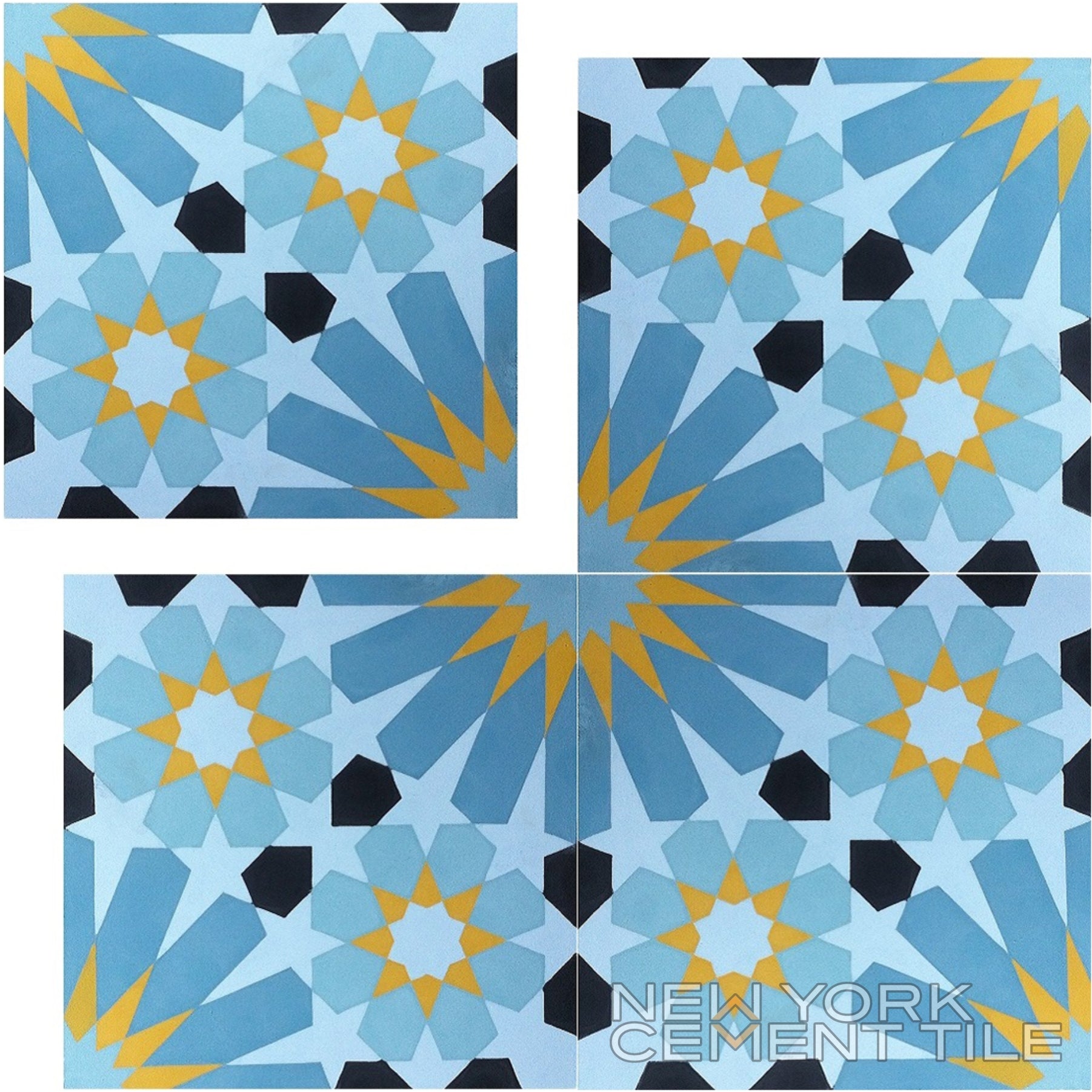 The N20-029 Extra Sample by New York Cement Tile features geometric star designs in blue, yellow, black, and white.