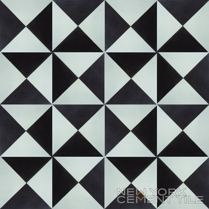 Geometric black and white N20-032 cement tile sample by New York Cement Tile; triangles form diamond shapes.