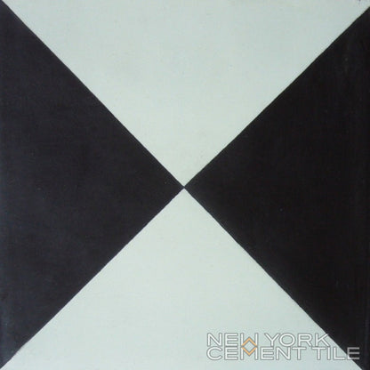 N20-032, Sample: Black and white cement tile with two black triangles; New York Cement Tile branding in the corner.