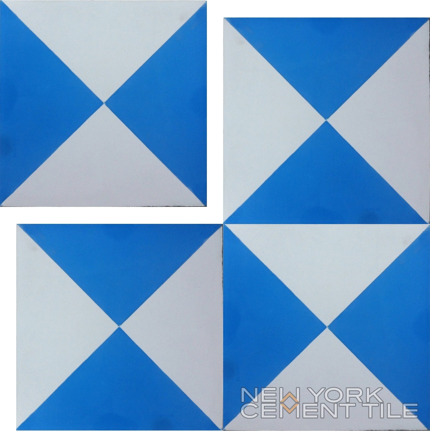 Four N20-032 Extra Sample tiles by New York Cement Tile; blue and white triangles, durable with logo in the corner.