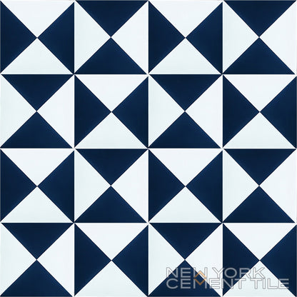 Blue and white geometric tile (N20-032 Sample) by New York Cement Tile; durable, handcrafted cement tiles.