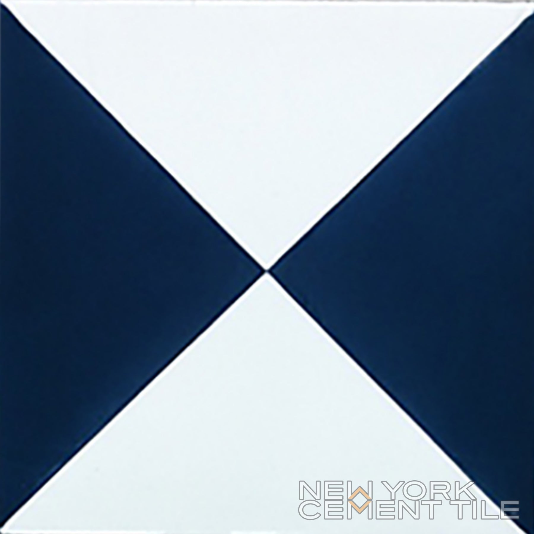 The New York Cement Tile N20-032 Sample is a square tile with blue and white triangles forming an hourglass pattern.