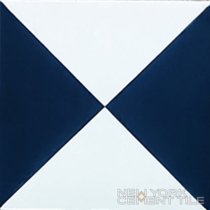 The New York Cement Tile N20-032 Sample is a square tile with blue and white triangles forming an hourglass pattern.