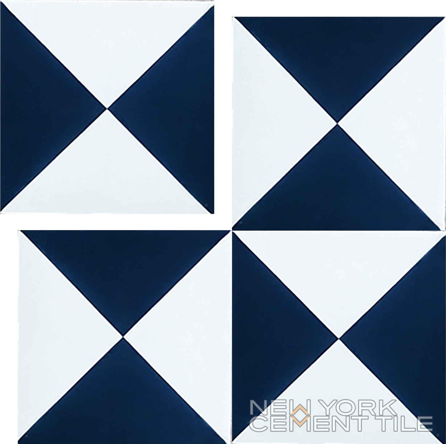 Four square N20-032 sample tiles with black and white geometric pattern; New York Cement Tile logo in corner.